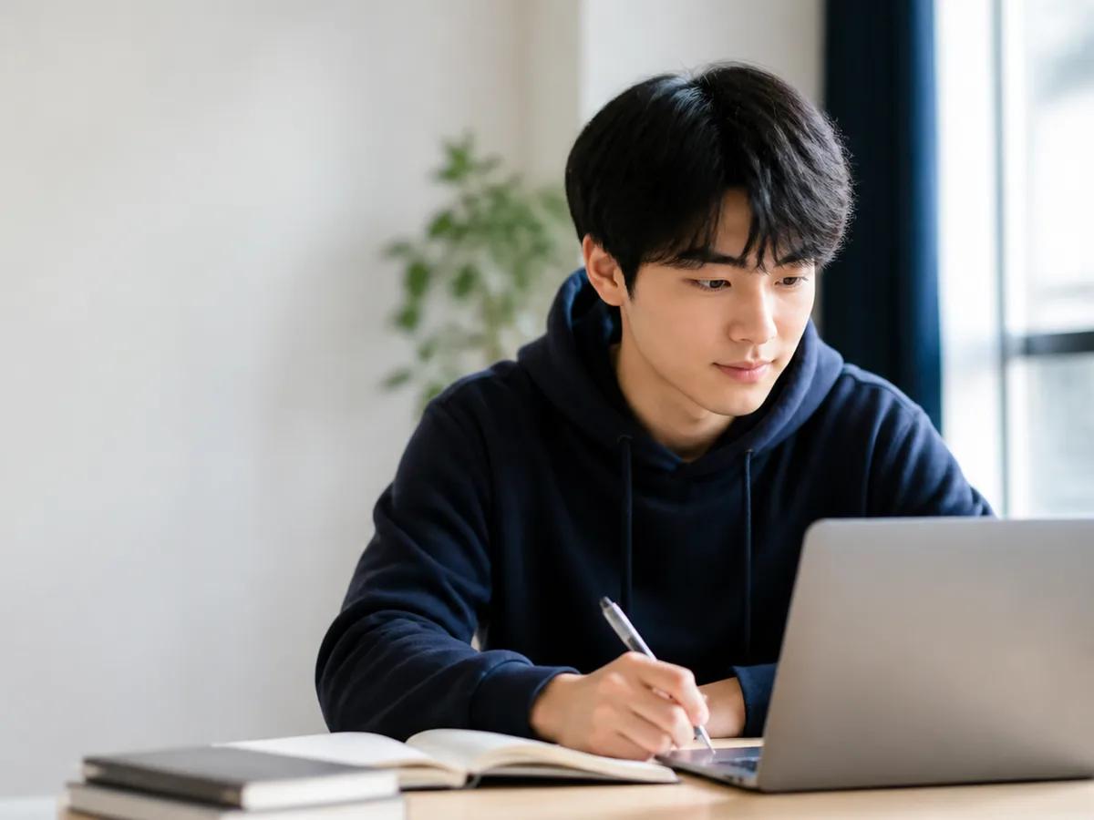 A student working through a study session at a desk, notebook open beside a laptop
